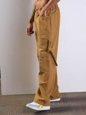 Tan Brown Side Pocket Baggy Cargo Jeans-MASCLN SASSAFRAS