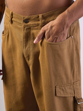 Tan Brown Side Pocket Baggy Cargo Jeans-MASCLN SASSAFRAS