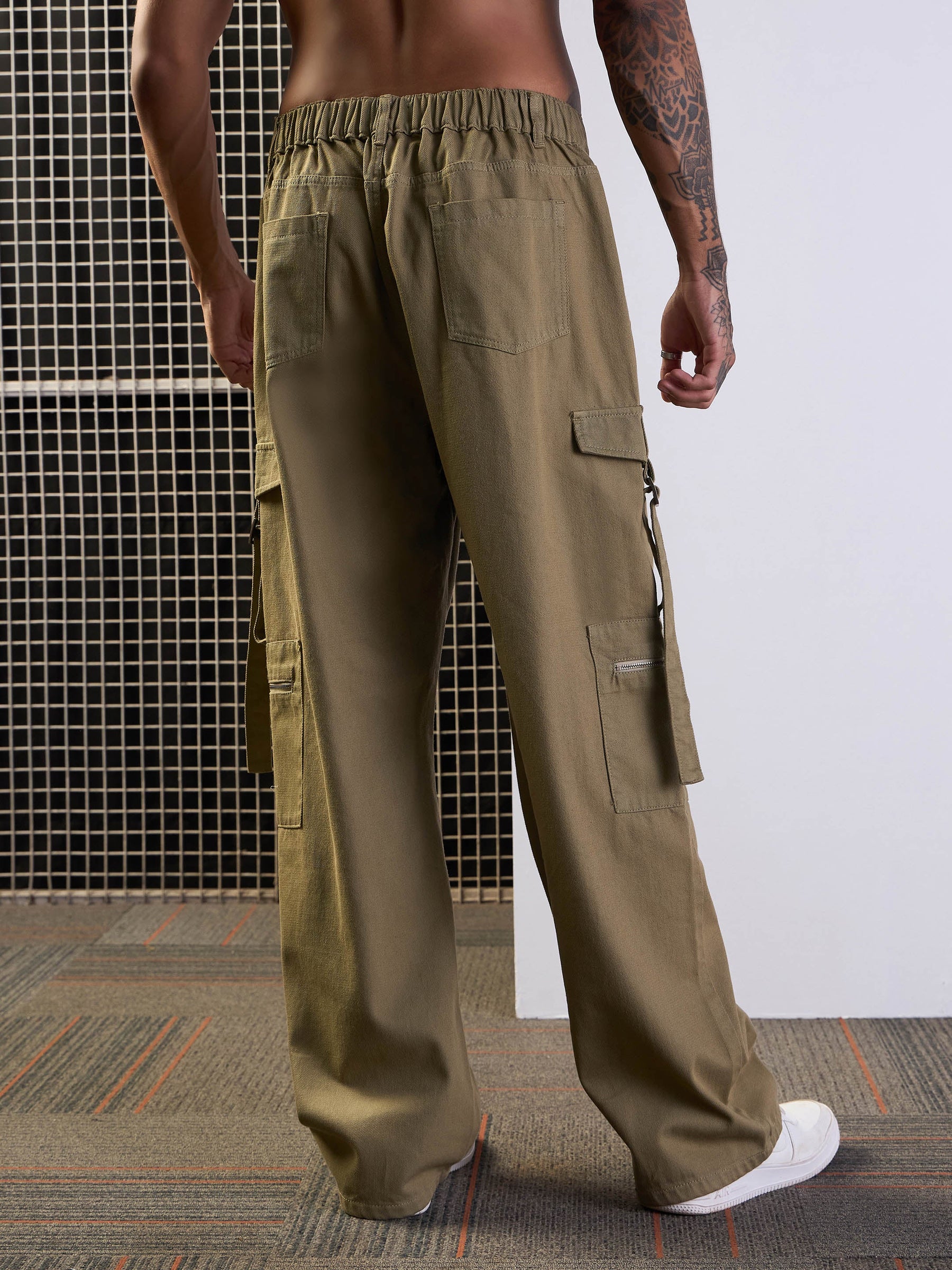 Olive Side Pocket Baggy Cargo Jeans-MASCLN SASSAFRAS