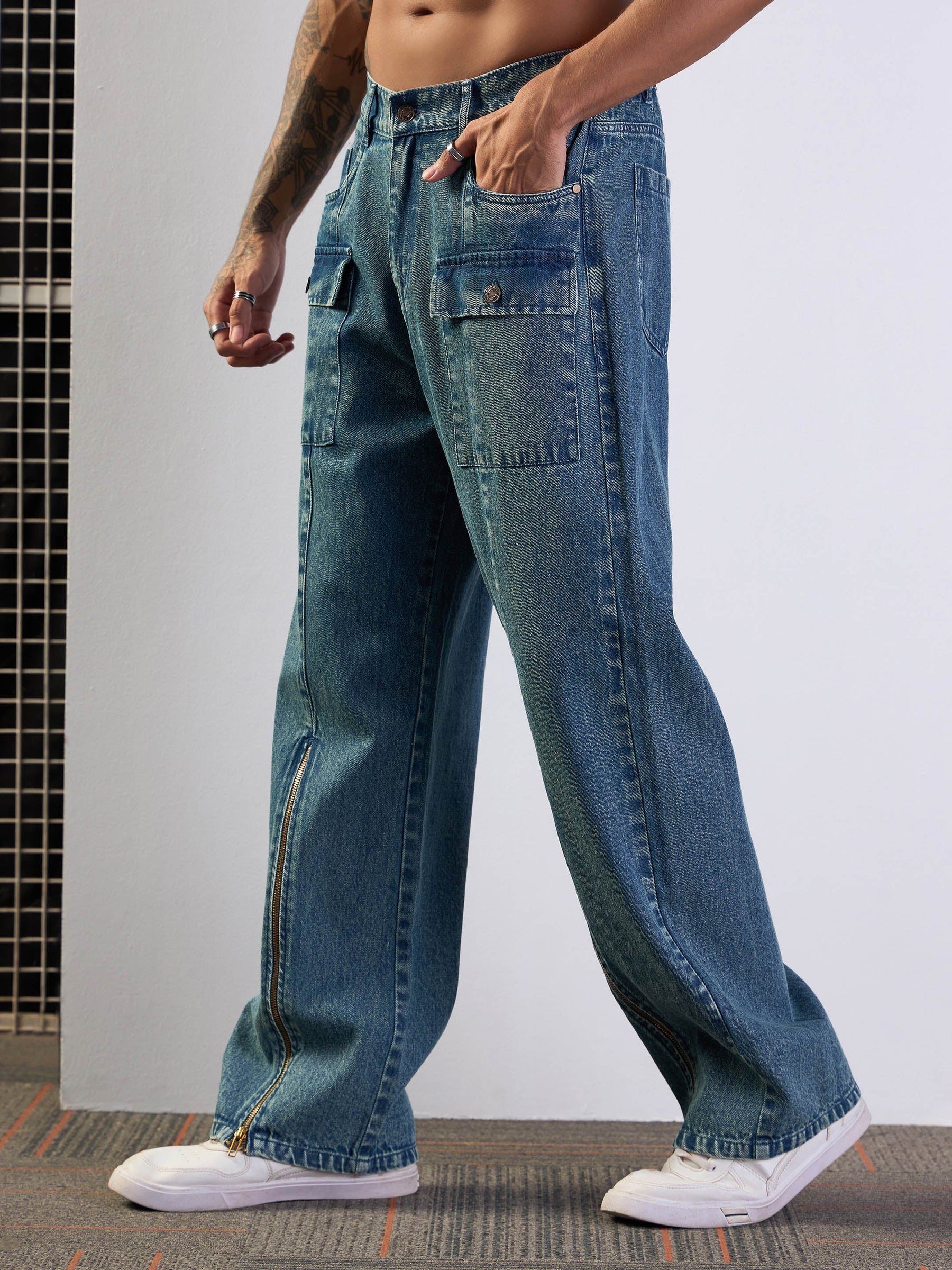 Blue Washed Front Zipper Baggy Jeans-MASCLN SASSAFRAS