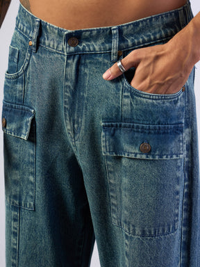 Blue Washed Front Zipper Baggy Jeans-MASCLN SASSAFRAS