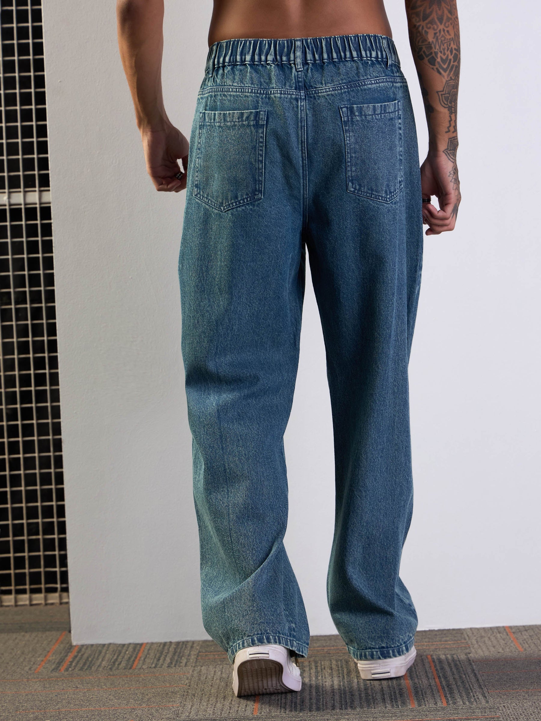 Blue Washed Front Zipper Baggy Jeans-MASCLN SASSAFRAS