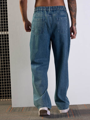 Blue Washed Front Zipper Baggy Jeans-MASCLN SASSAFRAS