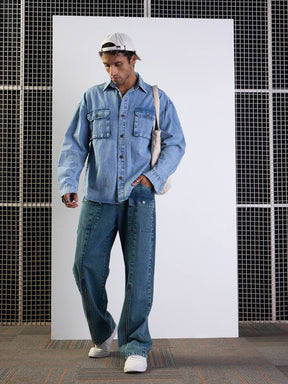 Blue Washed Front Zipper Baggy Jeans-MASCLN SASSAFRAS