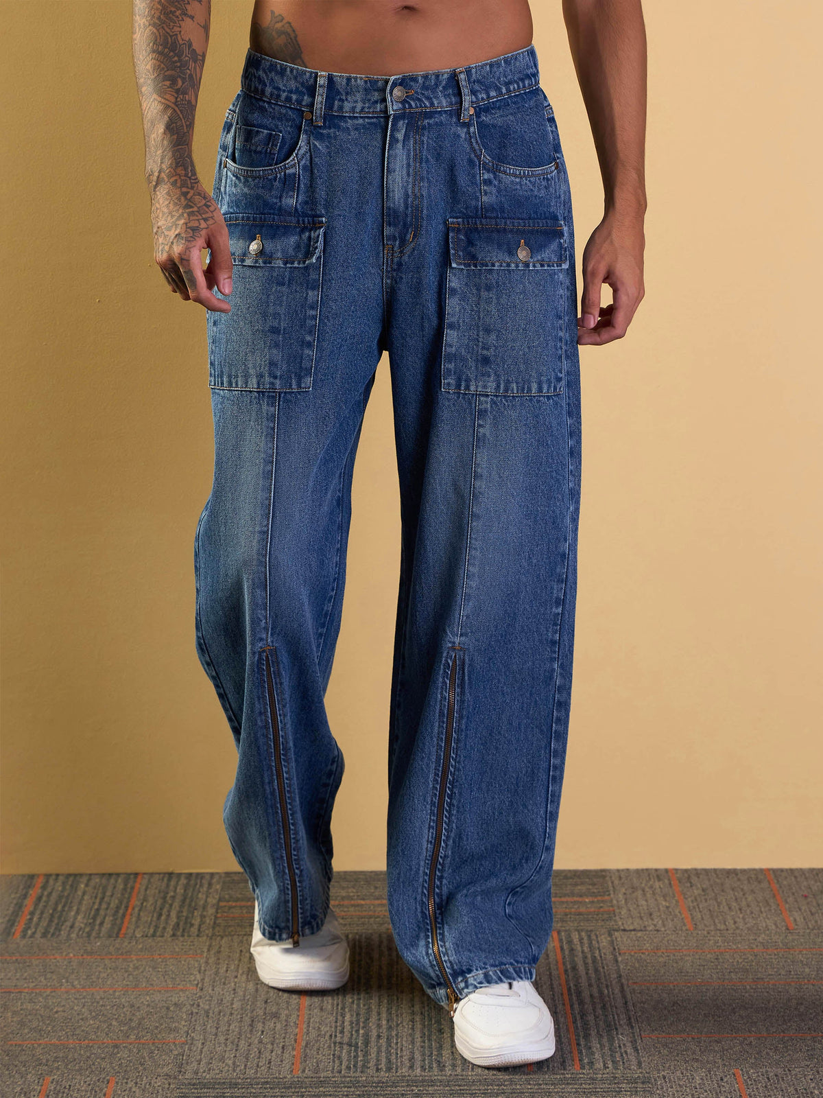 Light Blue Washed Front Zipper Baggy Jeans-MASCLN SASSAFRAS