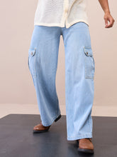 Light Blue Wide Leg Cargo Jeans-MASCLN SASSAFRAS