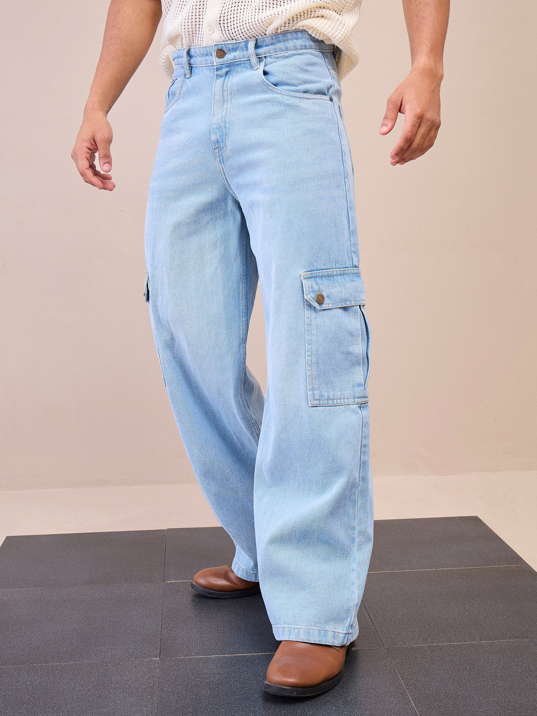 Light Blue Wide Leg Cargo Jeans-MASCLN SASSAFRAS