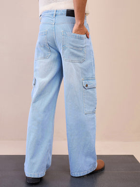 Light Blue Wide Leg Cargo Jeans-MASCLN SASSAFRAS