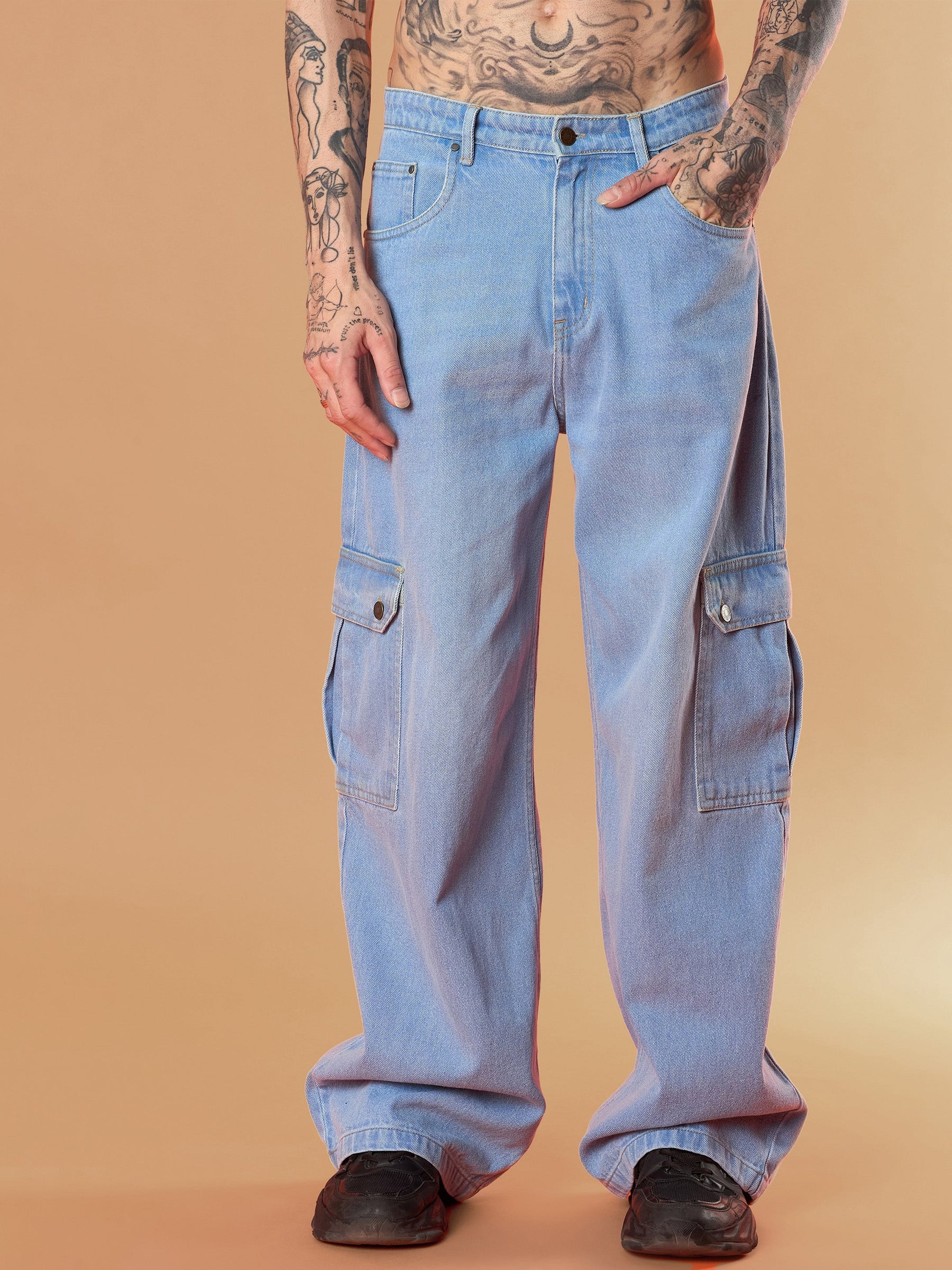 Light Blue Wide Leg Cargo Jeans-MASCLN SASSAFRAS