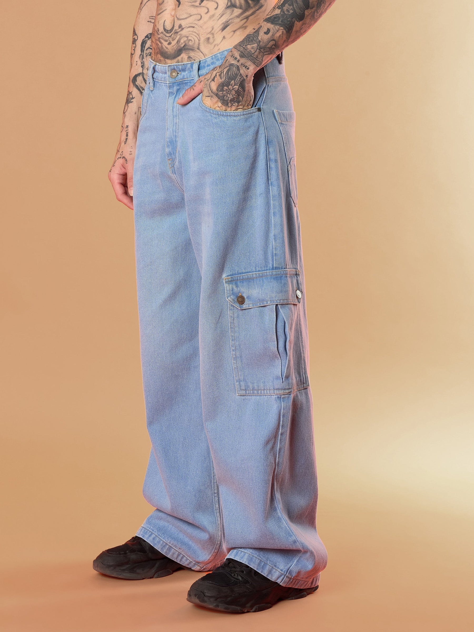 Light Blue Wide Leg Cargo Jeans-MASCLN SASSAFRAS