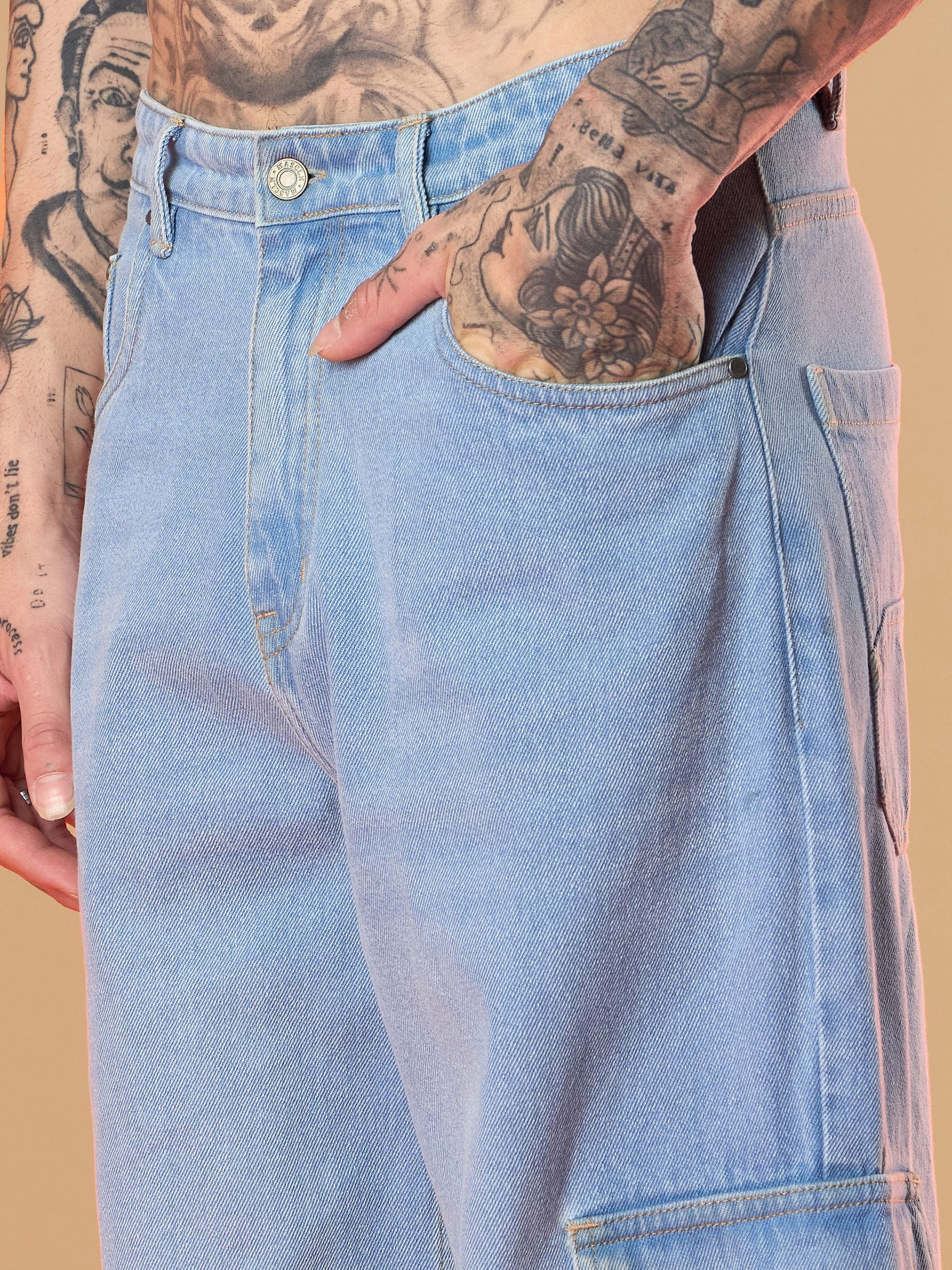 Light Blue Wide Leg Cargo Jeans-MASCLN SASSAFRAS