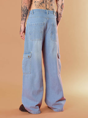 Light Blue Wide Leg Cargo Jeans-MASCLN SASSAFRAS