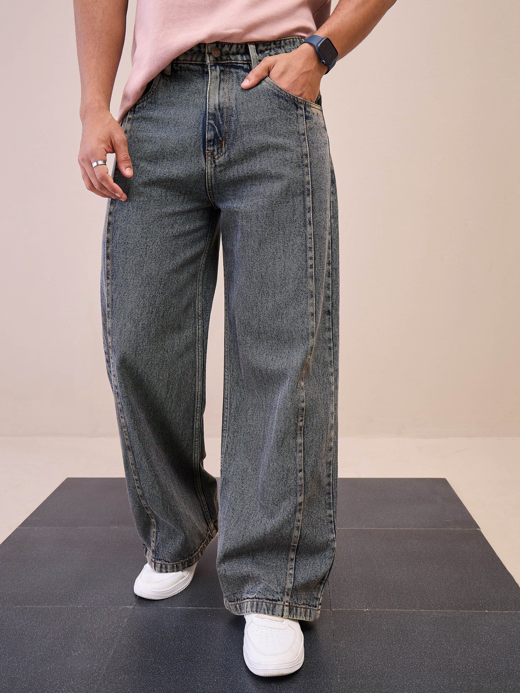 Navy Washed Front Seam Wide Leg Jeans-MASCLN SASSAFRAS