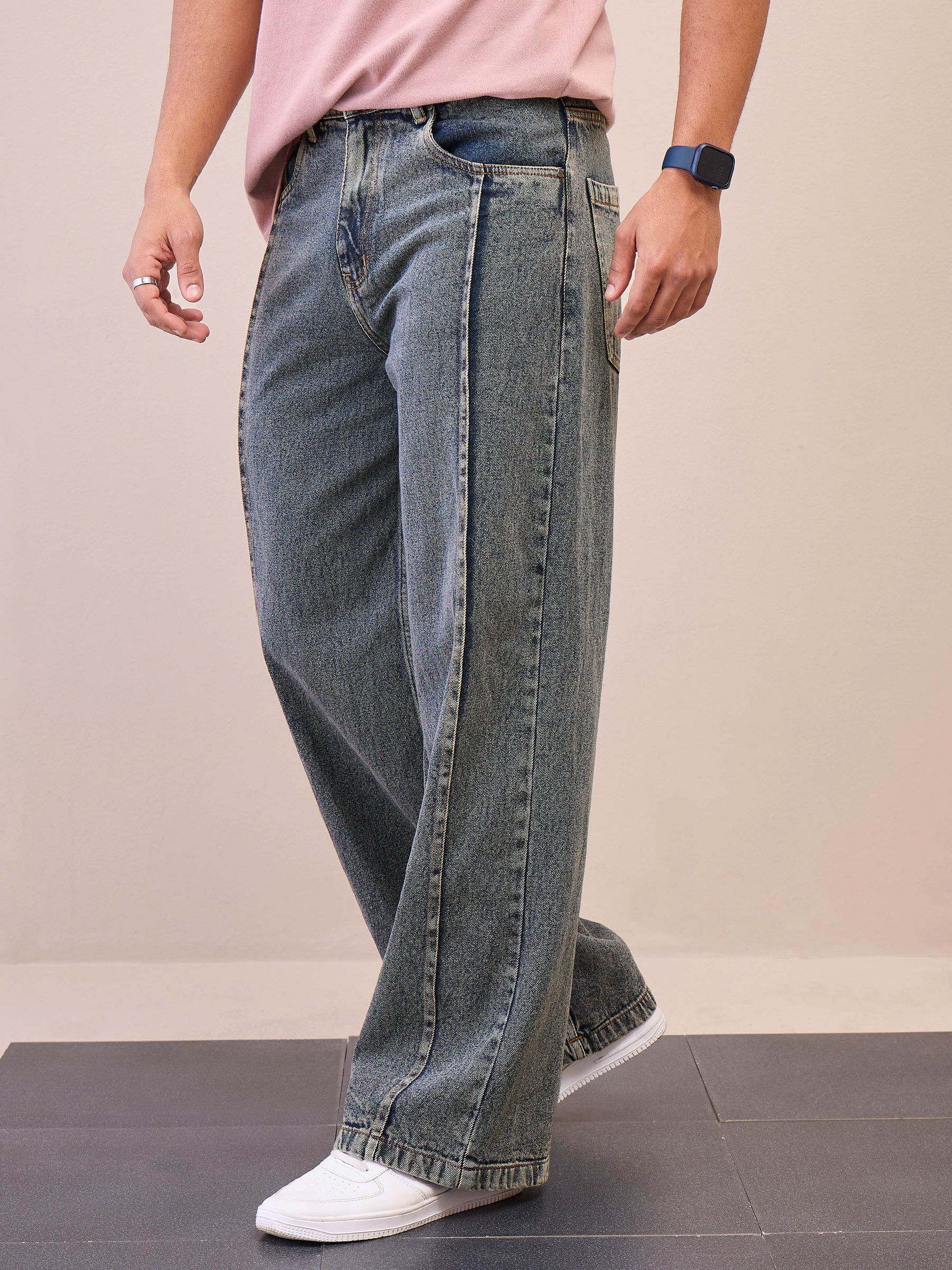 Navy Washed Front Seam Wide Leg Jeans-MASCLN SASSAFRAS