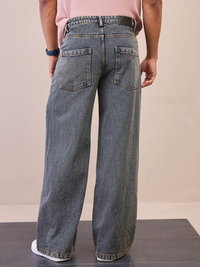 Navy Washed Front Seam Wide Leg Jeans-MASCLN SASSAFRAS