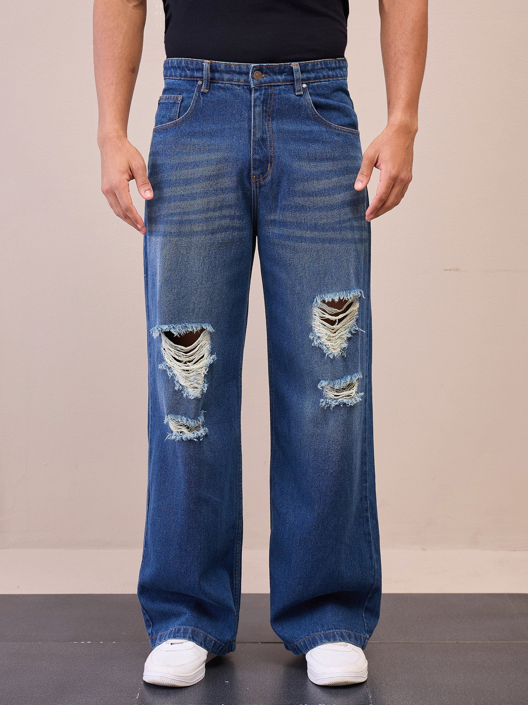 Blue Washed Front Distressed Wide Leg Jeans-MASCLN SASSAFRAS