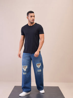 Blue Washed Front Distressed Wide Leg Jeans-MASCLN SASSAFRAS