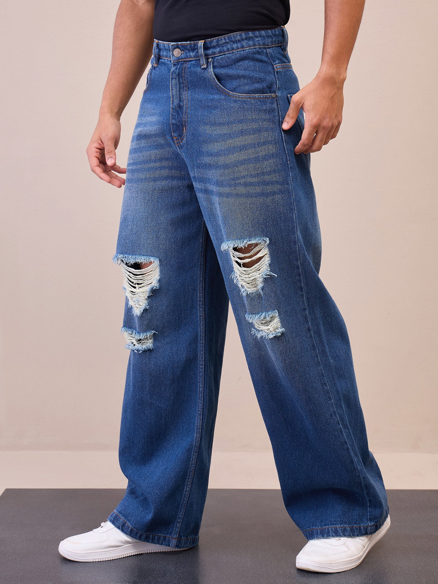 Blue Washed Front Distressed Wide Leg Jeans-MASCLN SASSAFRAS