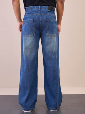 Blue Washed Front Distressed Wide Leg Jeans-MASCLN SASSAFRAS