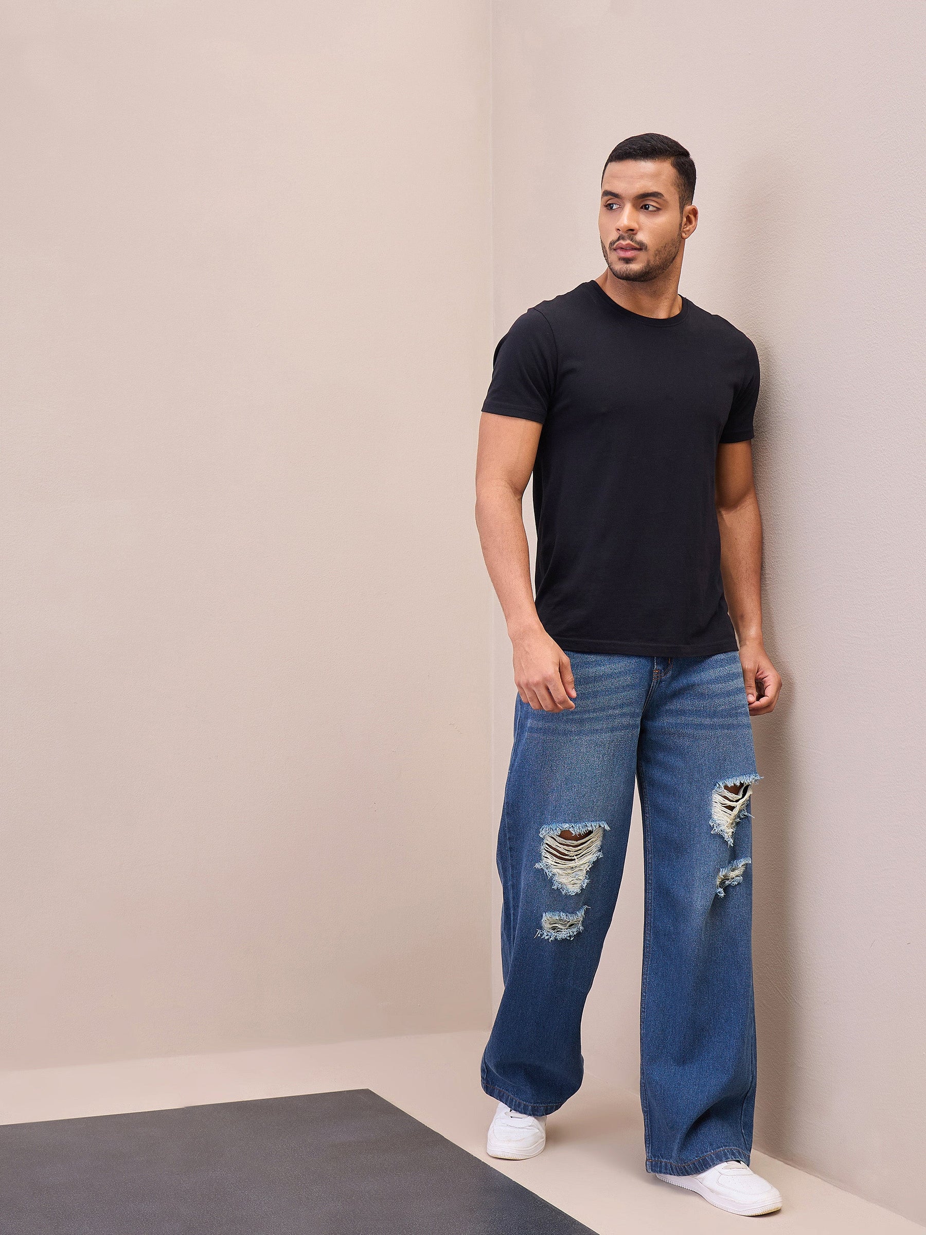 Blue Washed Front Distressed Wide Leg Jeans-MASCLN SASSAFRAS