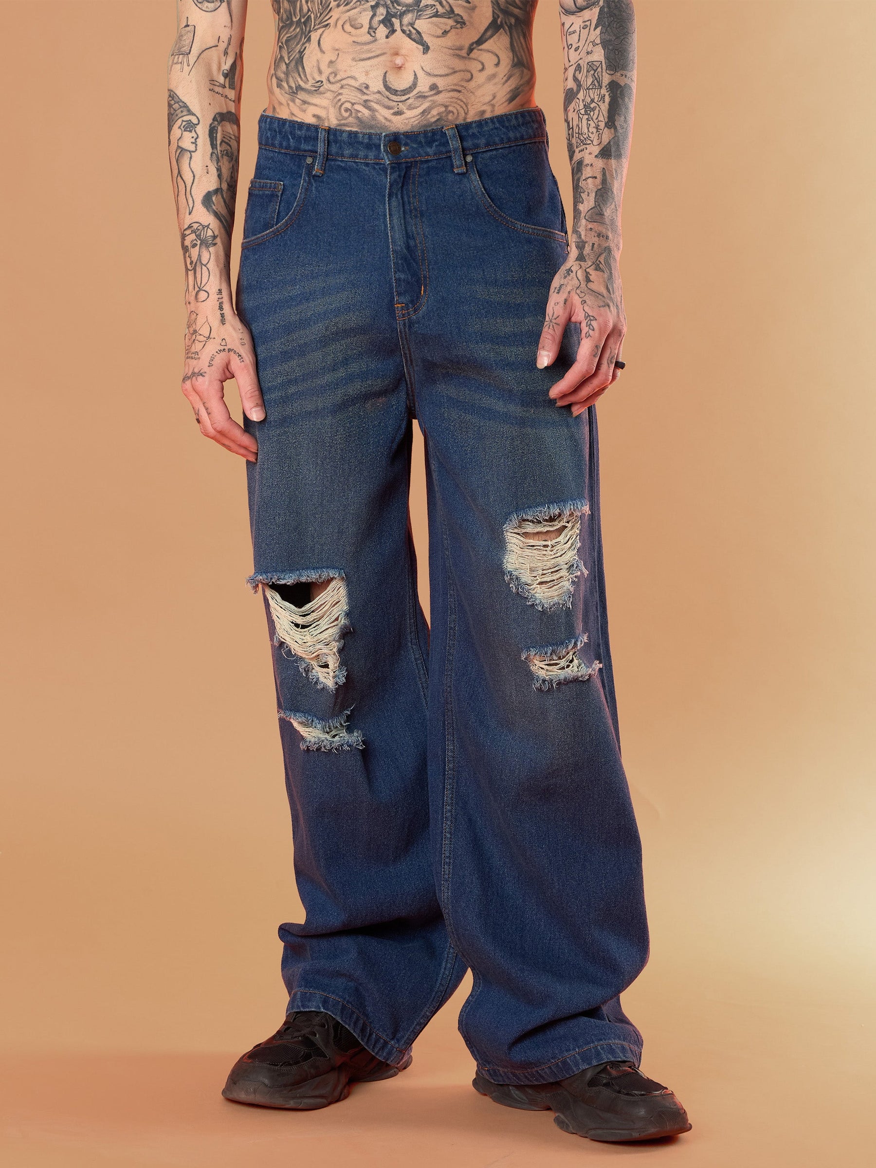 Blue Washed Front Distressed Wide Leg Jeans-MASCLN SASSAFRAS