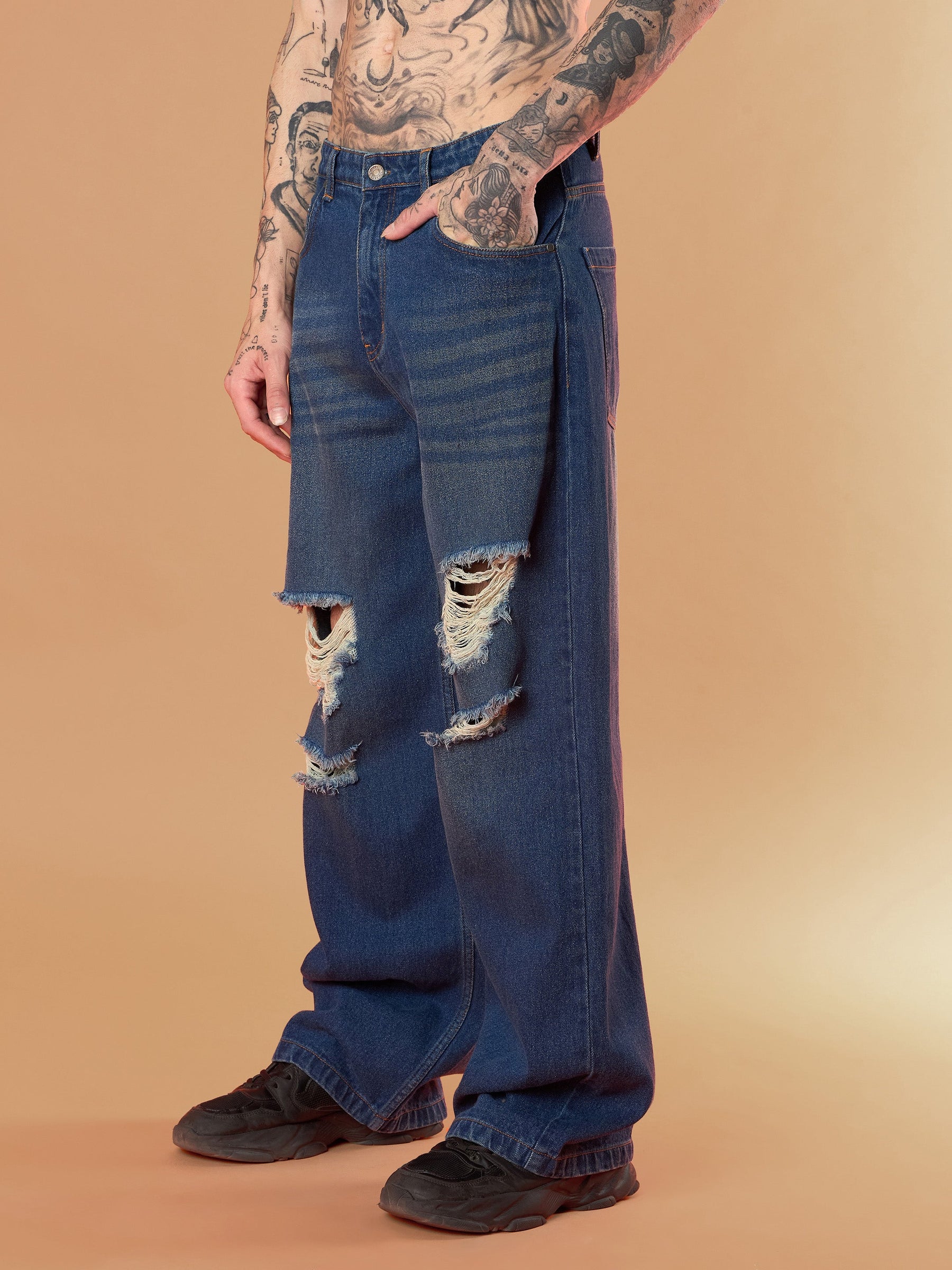 Blue Washed Front Distressed Wide Leg Jeans-MASCLN SASSAFRAS