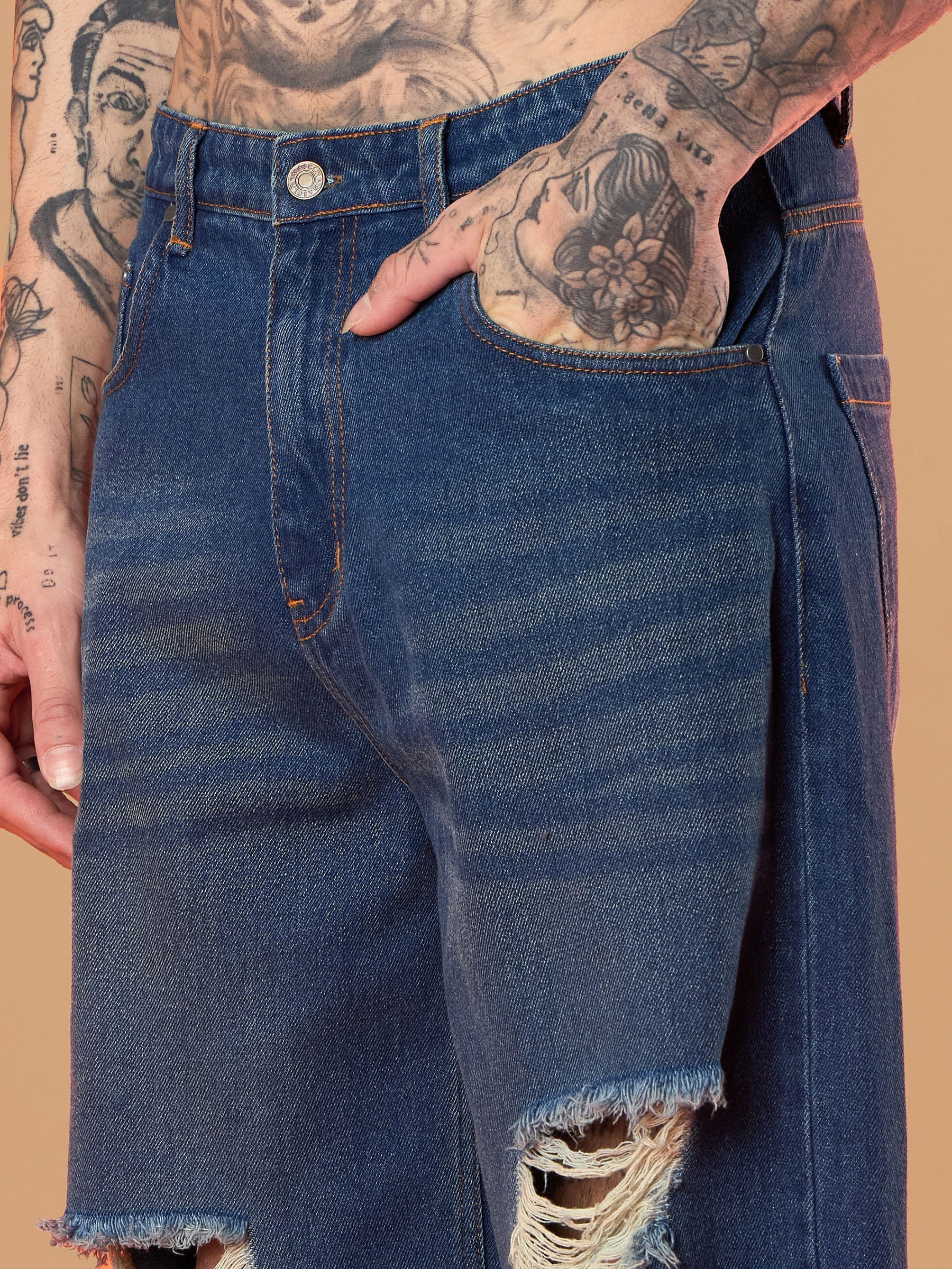 Blue Washed Front Distressed Wide Leg Jeans-MASCLN SASSAFRAS