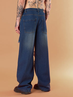 Blue Washed Front Distressed Wide Leg Jeans-MASCLN SASSAFRAS