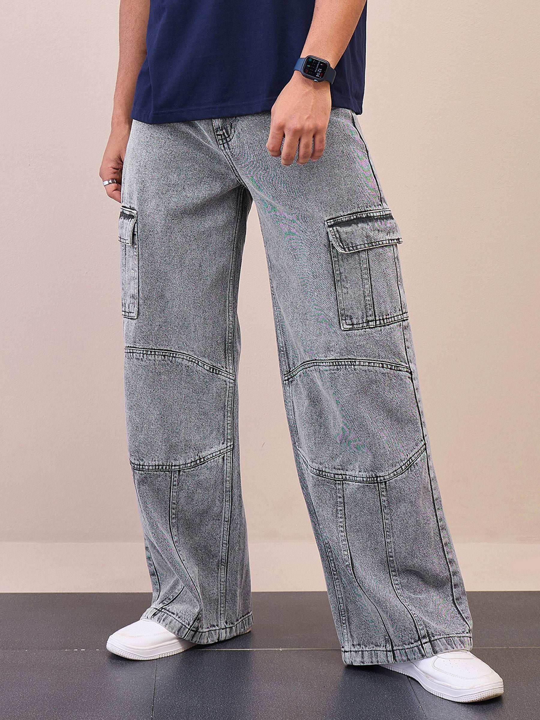 Grey Front Detail Wide Leg Jeans-MASCLN SASSAFRAS