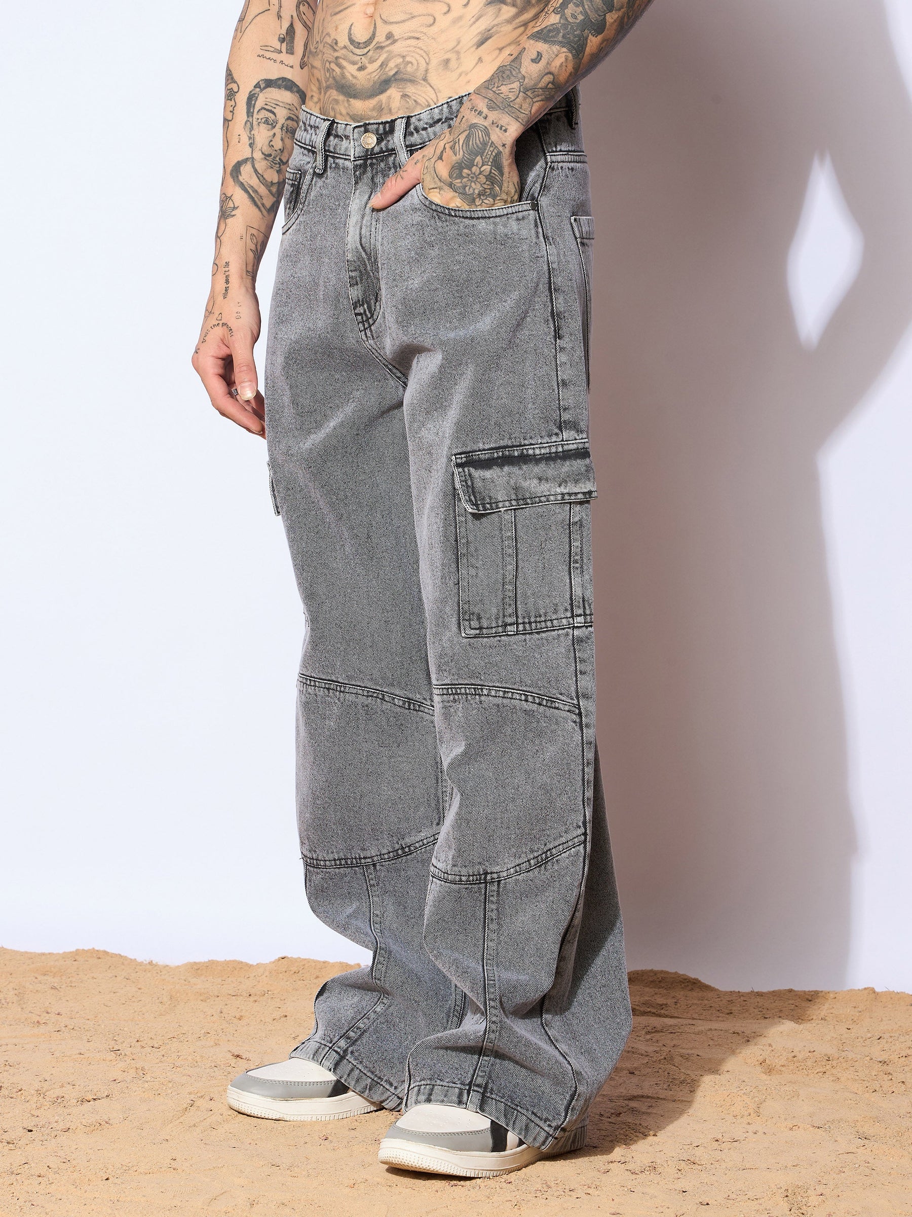 Grey Front Detail Wide Leg Jeans-MASCLN SASSAFRAS