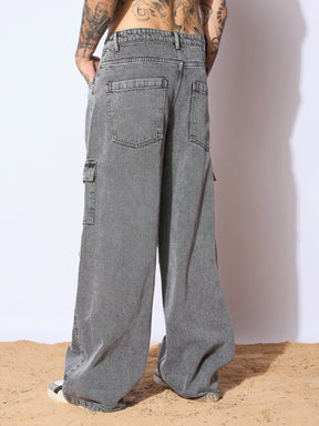 Grey Front Detail Wide Leg Jeans-MASCLN SASSAFRAS