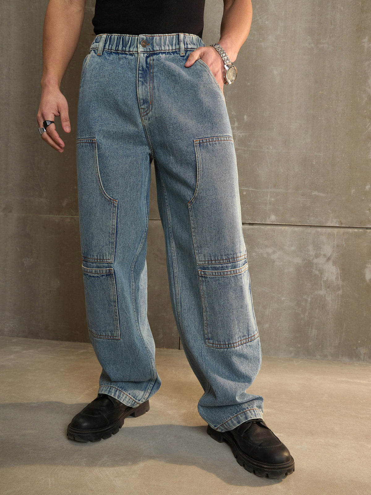 Blue Washed Wide Leg Carpenter Jeans-MASCLN SASSAFRAS