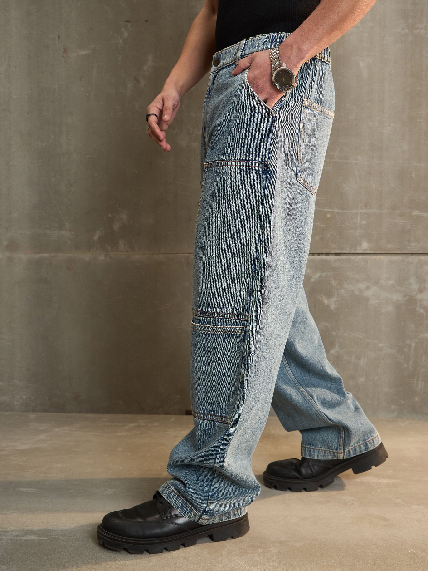 Blue Washed Wide Leg Carpenter Jeans-MASCLN SASSAFRAS