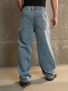 Blue Washed Wide Leg Carpenter Jeans-MASCLN SASSAFRAS