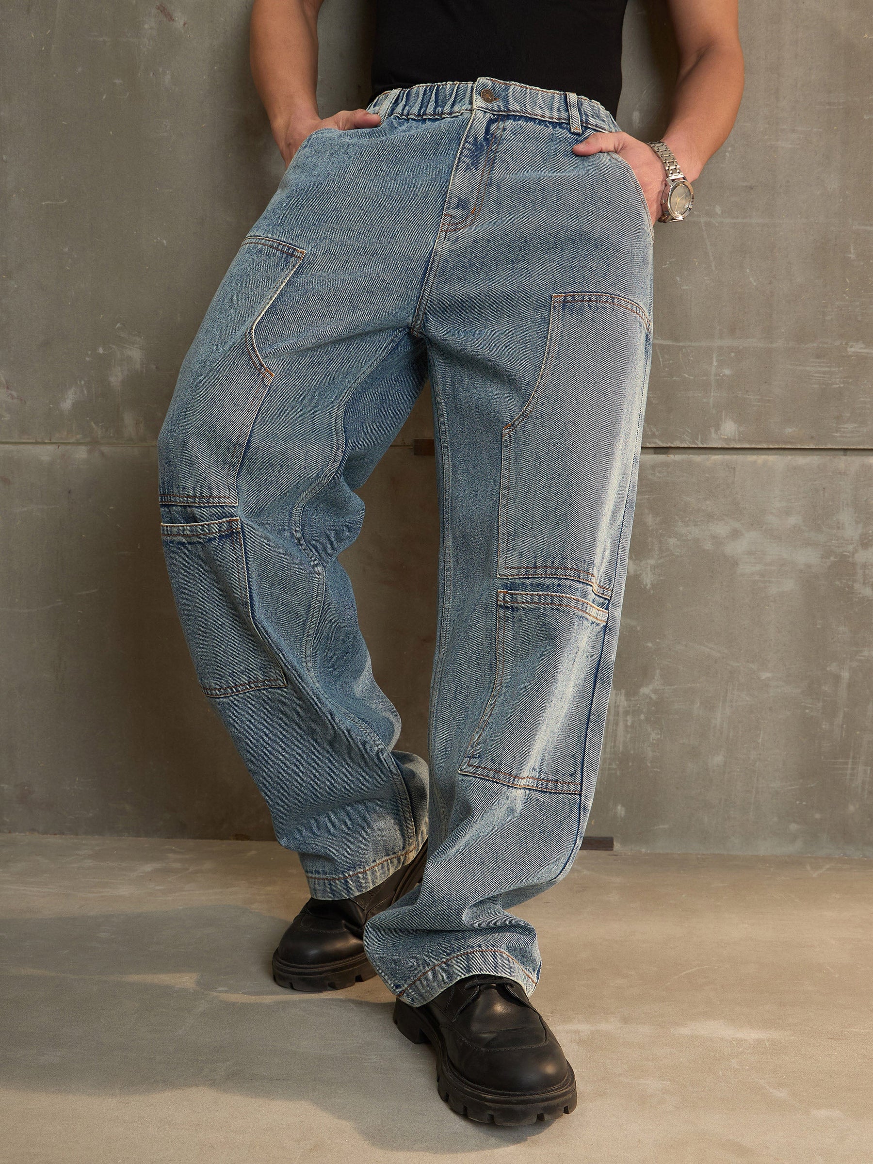 Blue Washed Wide Leg Carpenter Jeans-MASCLN SASSAFRAS