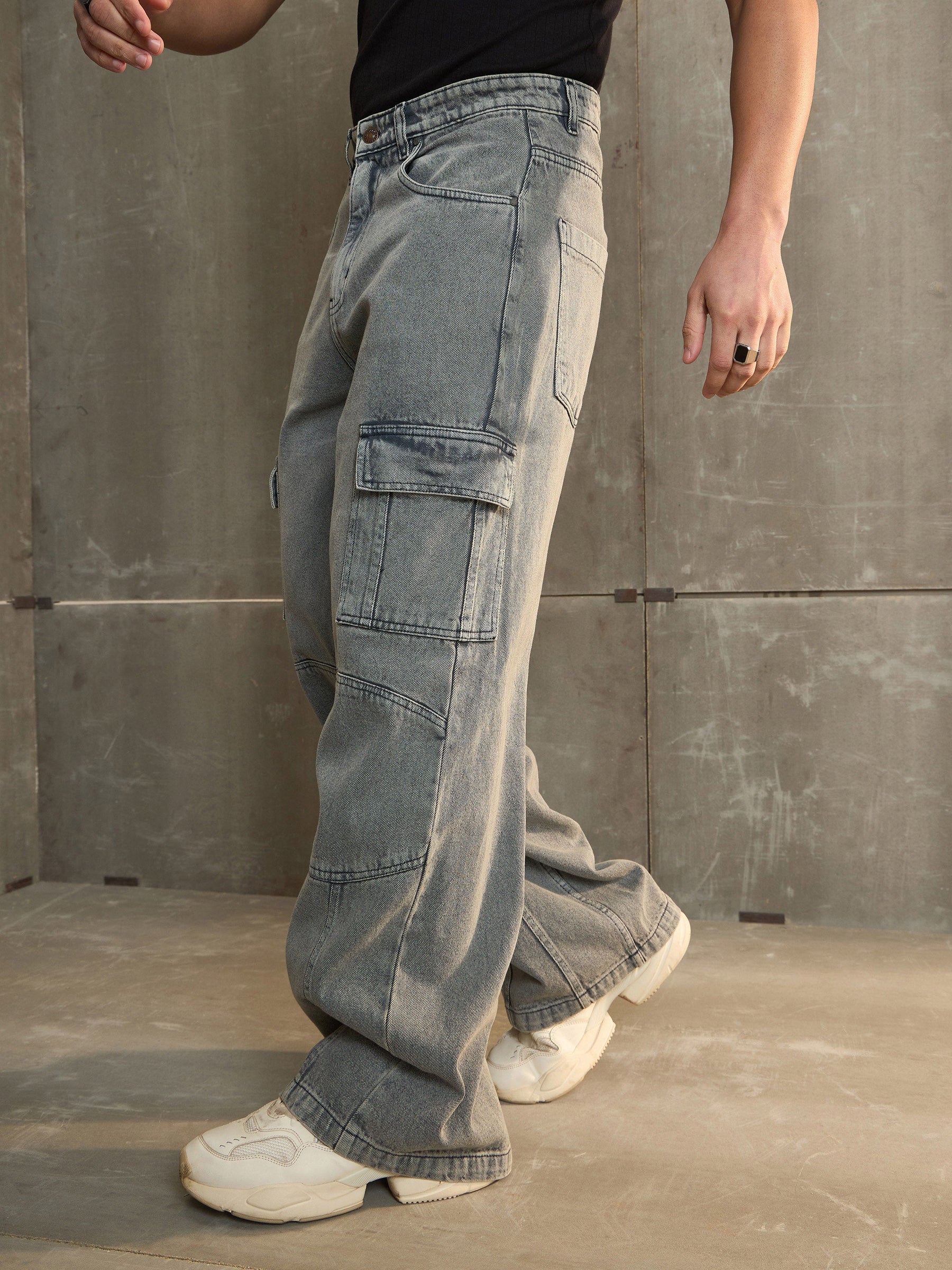 Grey Wide Leg Cargo Jeans-MASCLN SASSAFRAS