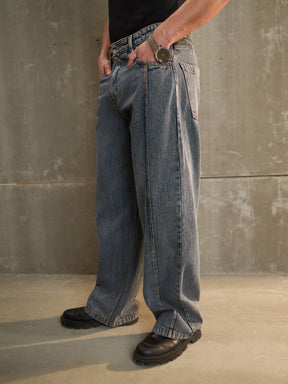 Navy Washed Front Pleated Wide Leg Jeans-MASCLN SASSAFRAS