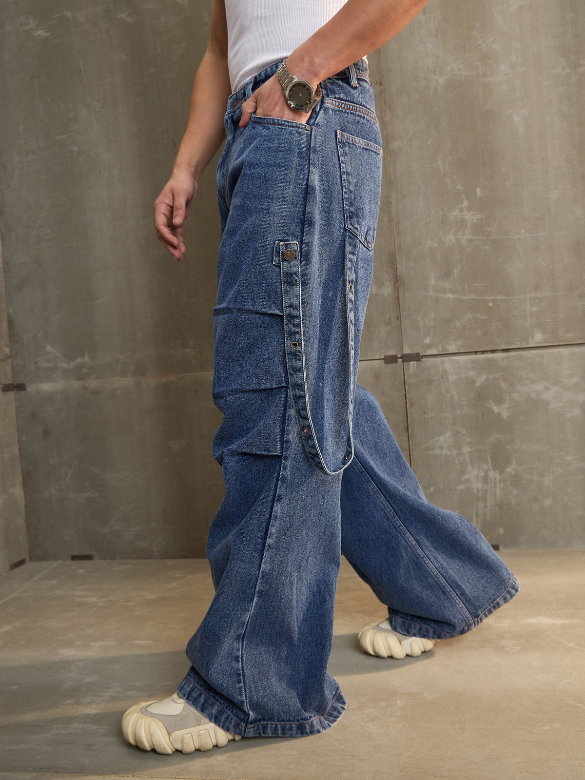 Navy Washed Knee Pleated Wide Leg Jeans-MASCLN SASSAFRAS