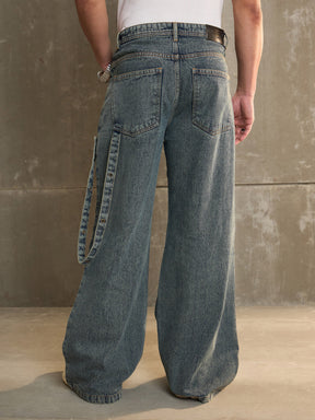 Blue Washed Knee Pleated Wide Leg Jeans-MASCLN SASSAFRAS