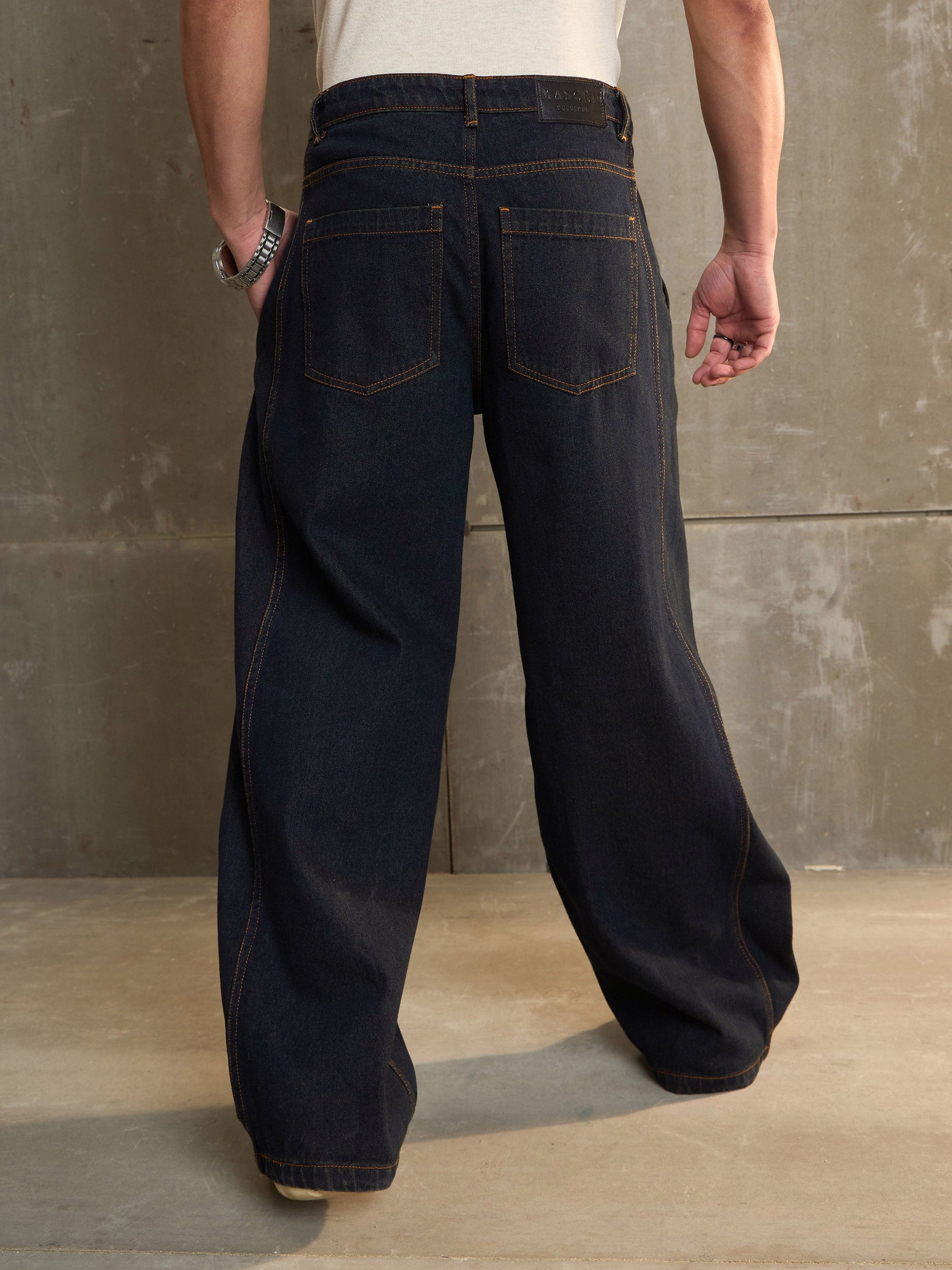 Navy Washed Side Detail Wide Leg Jeans-MASCLN SASSAFRAS