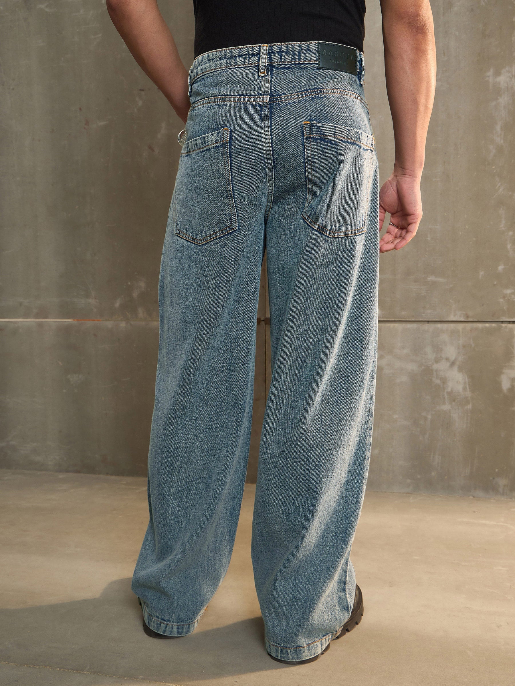 Blue Washed Side Detail Wide Leg Jeans-MASCLN SASSAFRAS