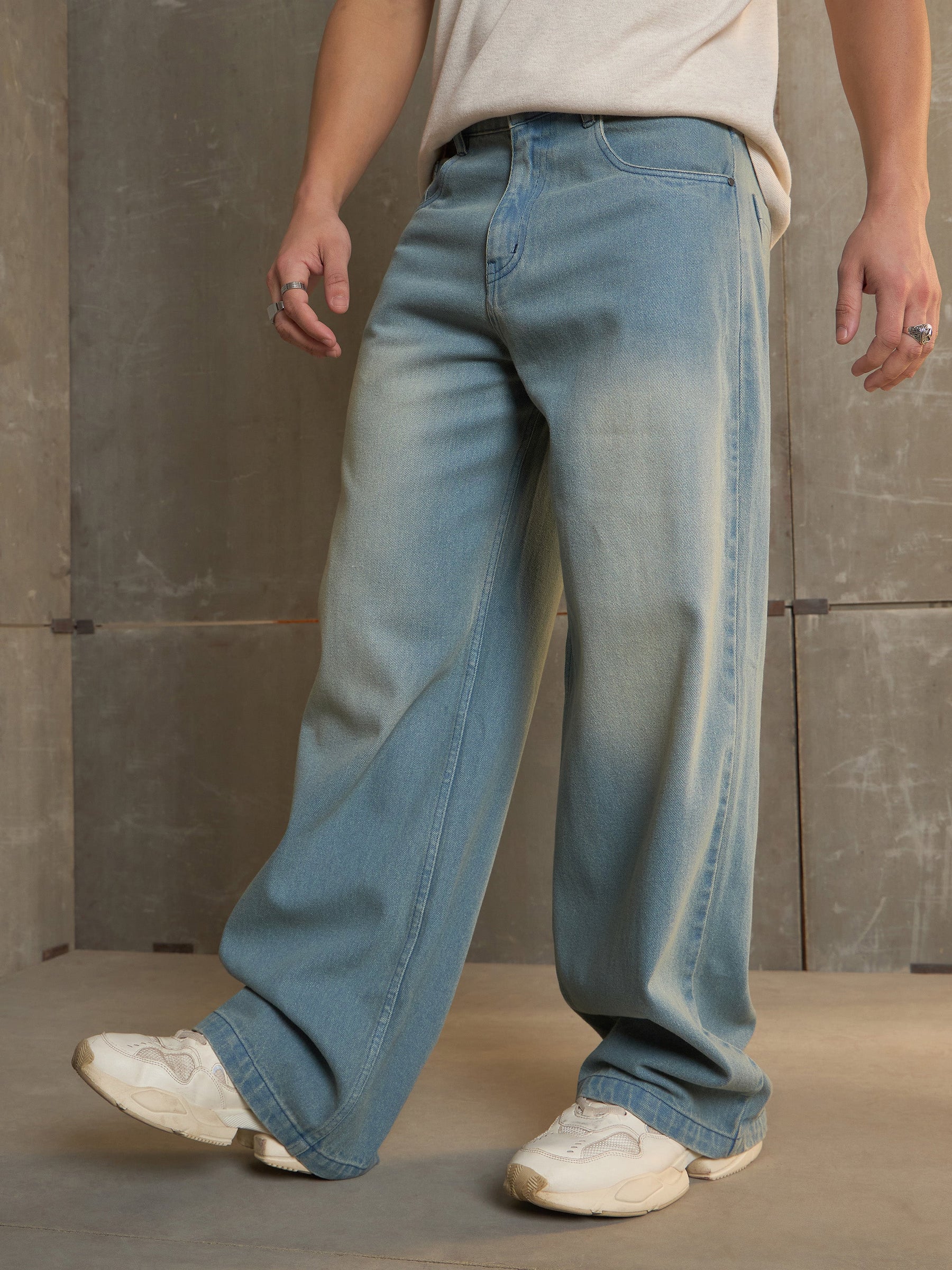 Blue Washed Basic Wide Leg Jeans-MASCLN SASSAFRAS