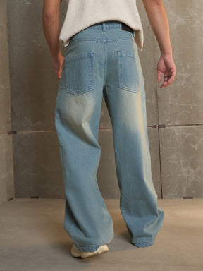 Blue Washed Basic Wide Leg Jeans-MASCLN SASSAFRAS