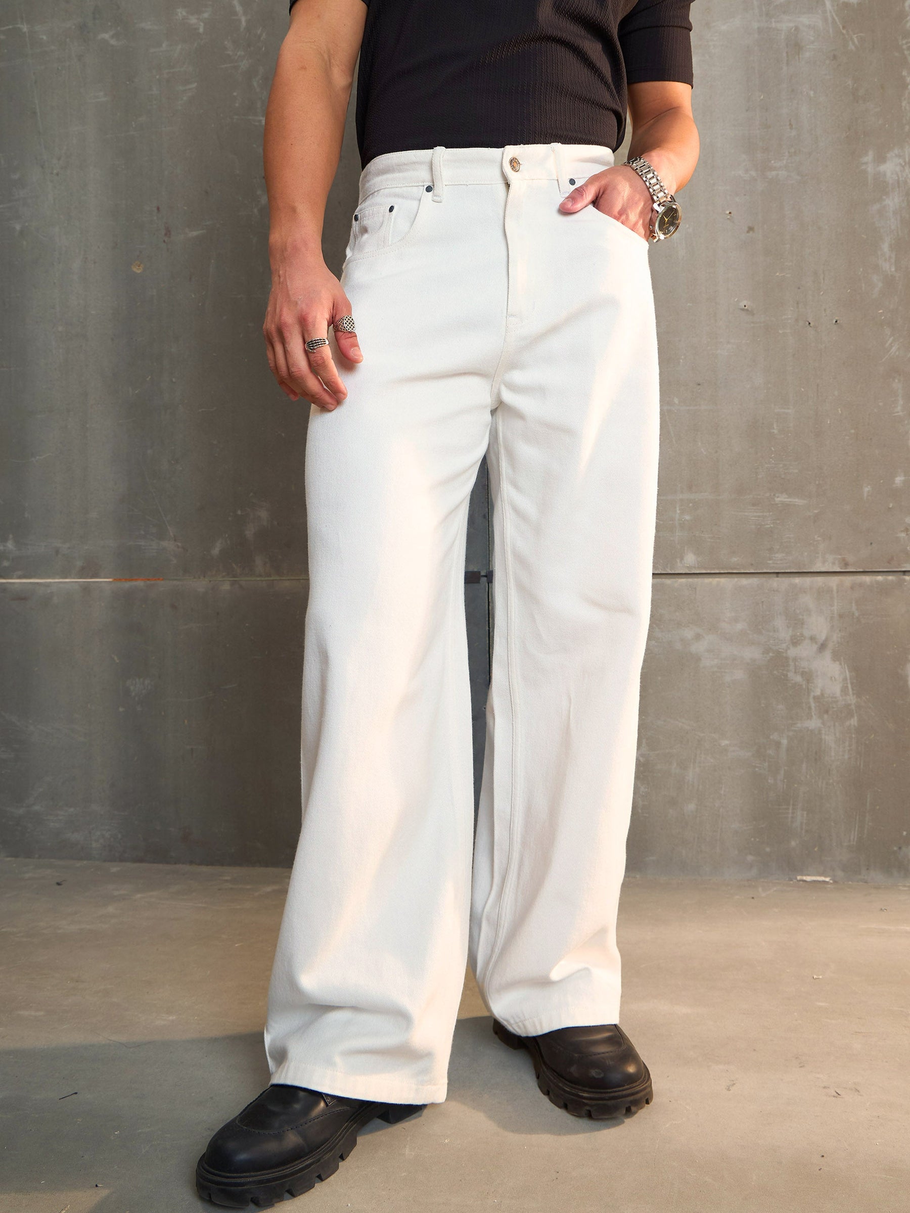 White Basic Wide Leg Jeans-MASCLN SASSAFRAS