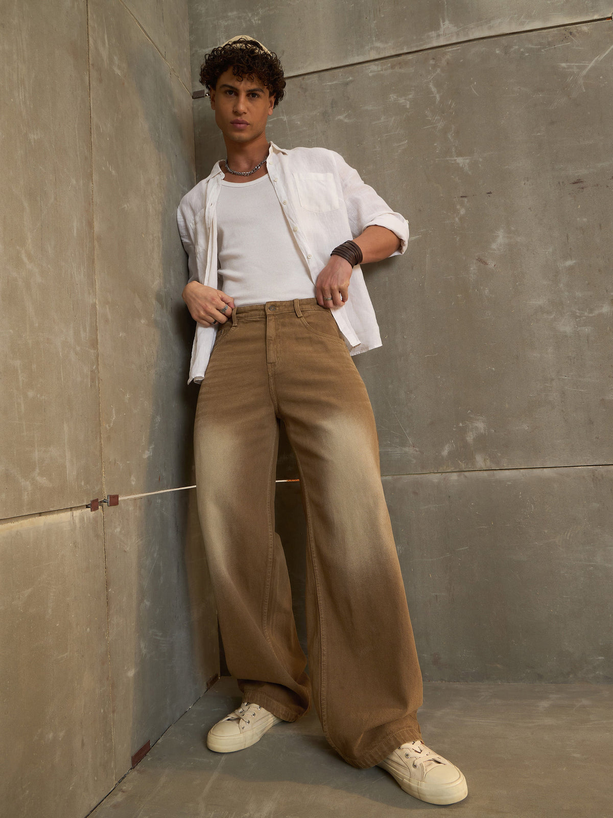 Brown Washed Basic Wide Leg Jeans-MASCLN SASSAFRAS