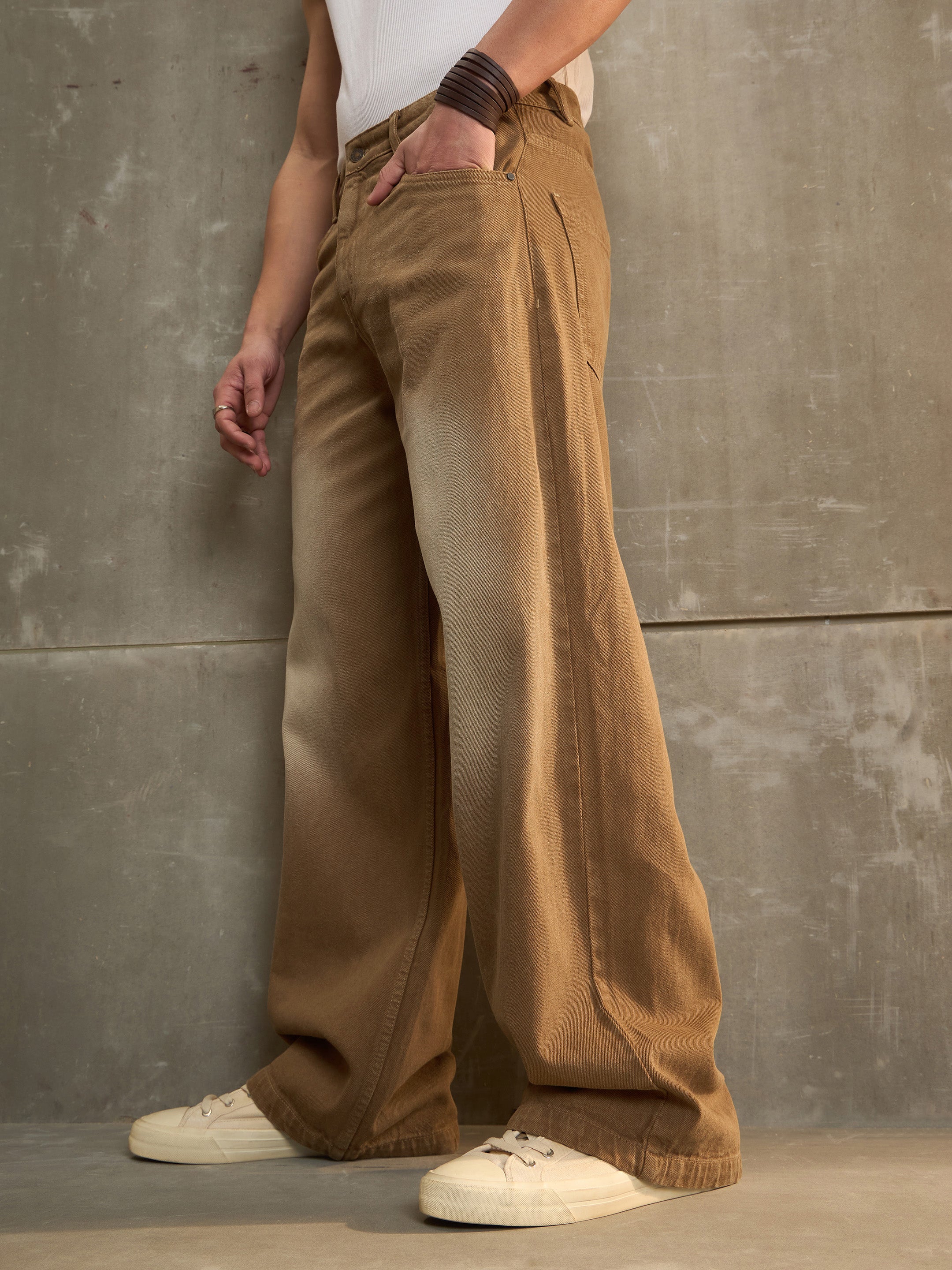 Brown Washed Basic Wide Leg Jeans-MASCLN SASSAFRAS