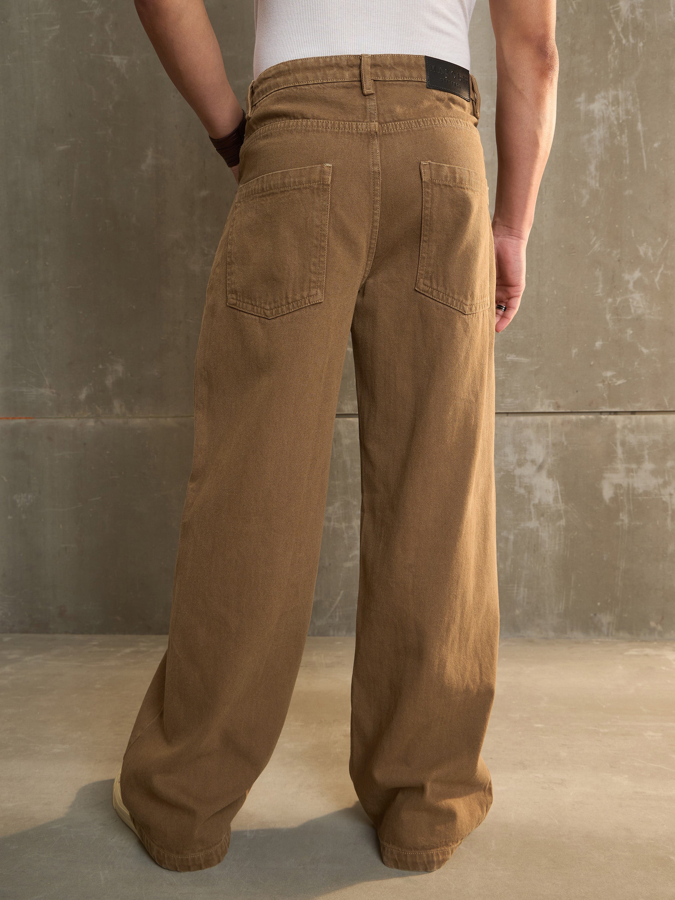 Brown Washed Basic Wide Leg Jeans-MASCLN SASSAFRAS
