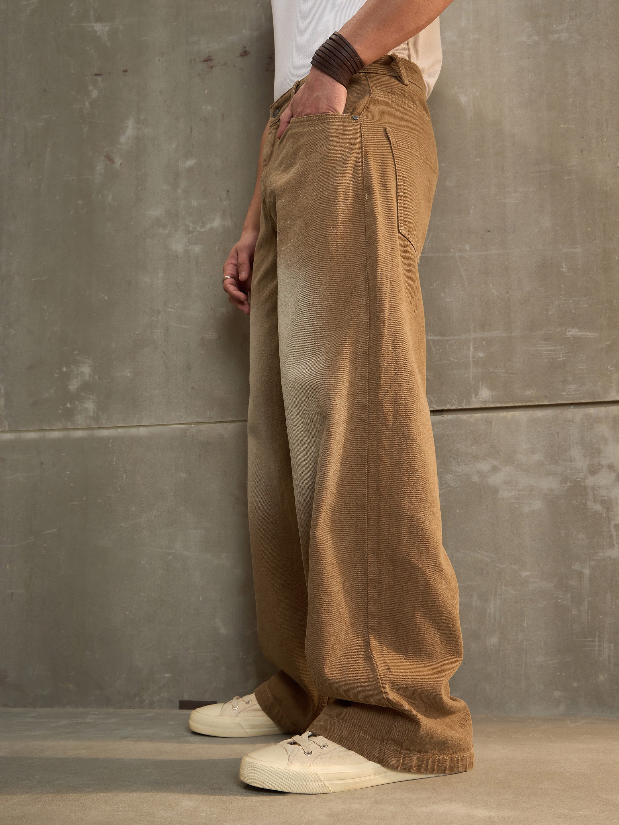 Brown Washed Basic Wide Leg Jeans-MASCLN SASSAFRAS