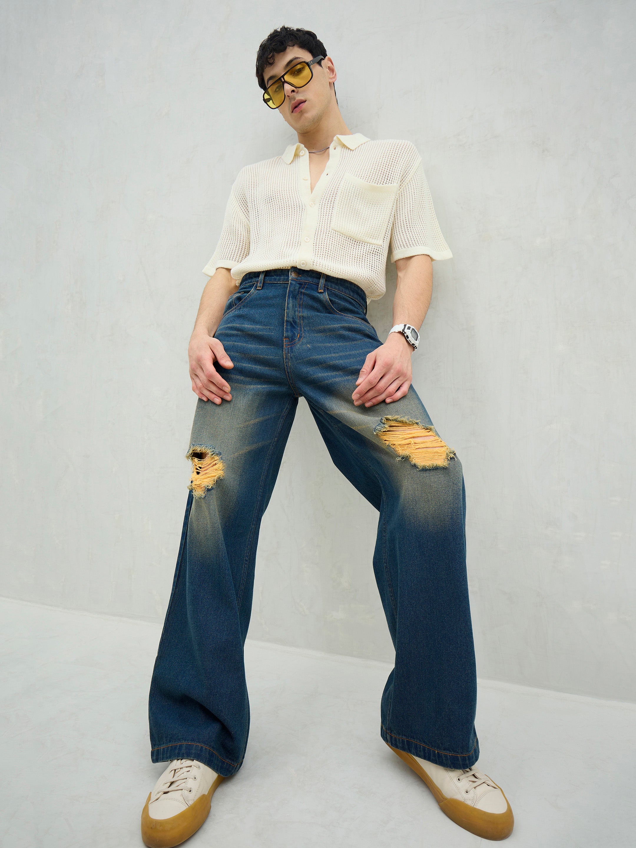 Blue Washed Knee Distressed Wide Leg Jeans-MASCLN SASSAFRAS