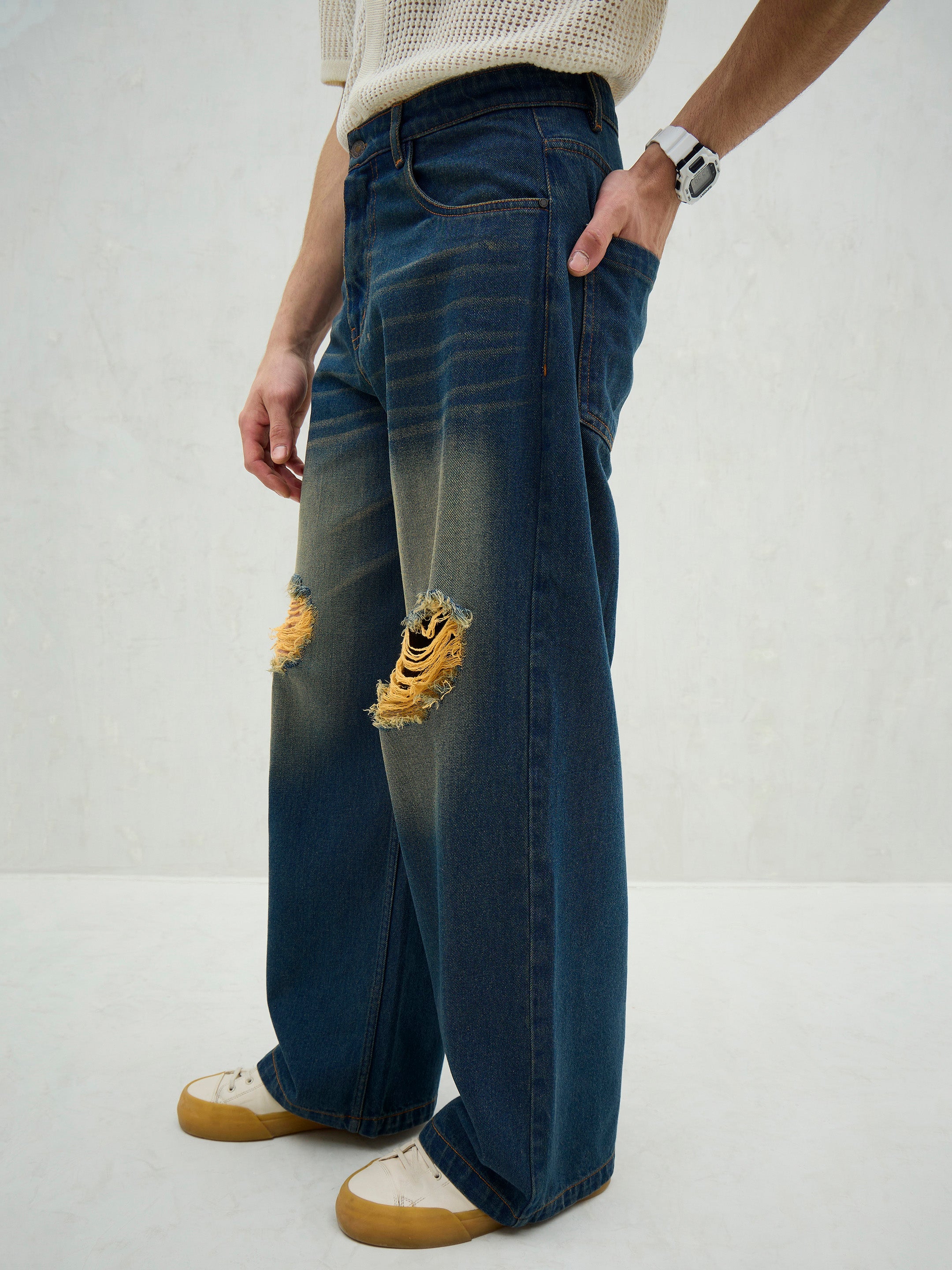 Blue Washed Knee Distressed Wide Leg Jeans-MASCLN SASSAFRAS